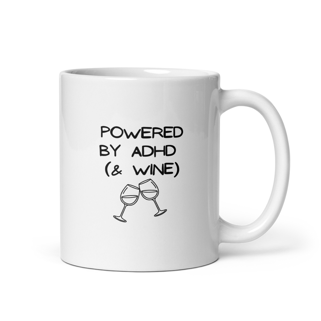 Powered by ADHD (& Wine) | White Glossy Mug | The Neurospicy Store 11 oz