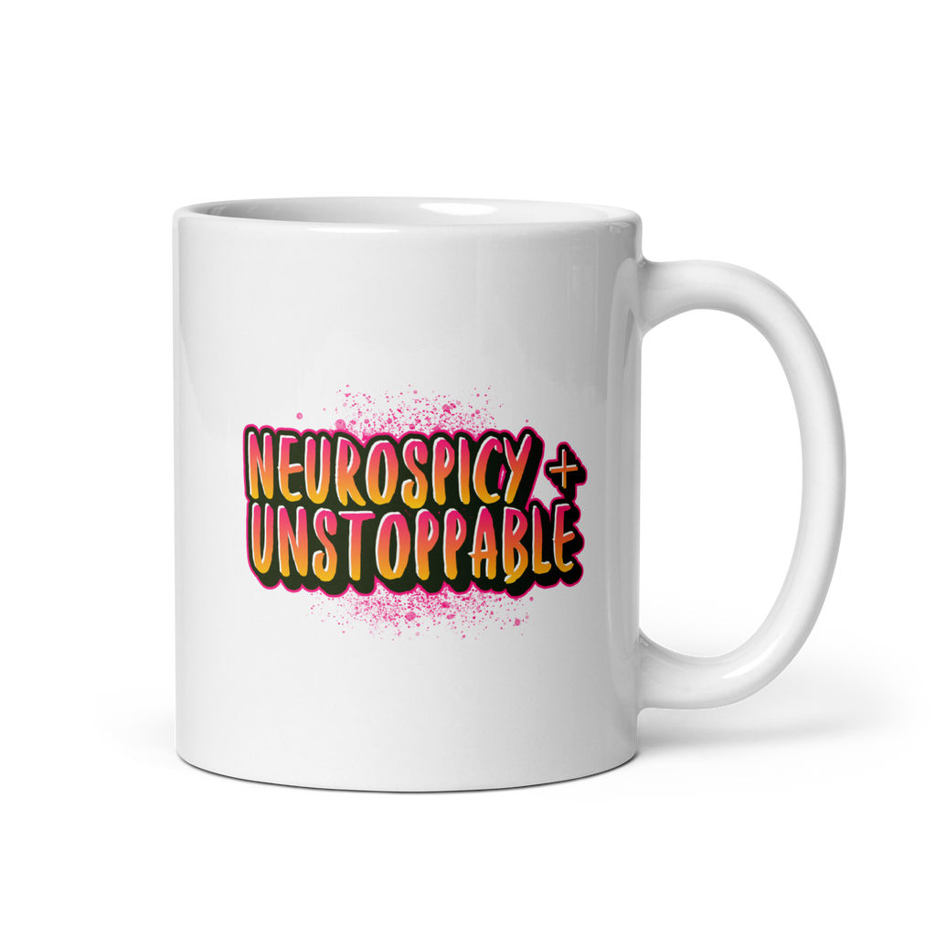 Neurospicy and Unstoppable | White Mug | Neurodivergent Gift white-glossy-mug-white-11-oz-handle-on-right-67d865e899682 Kitchen & Dining > Drinkware > Mugs
