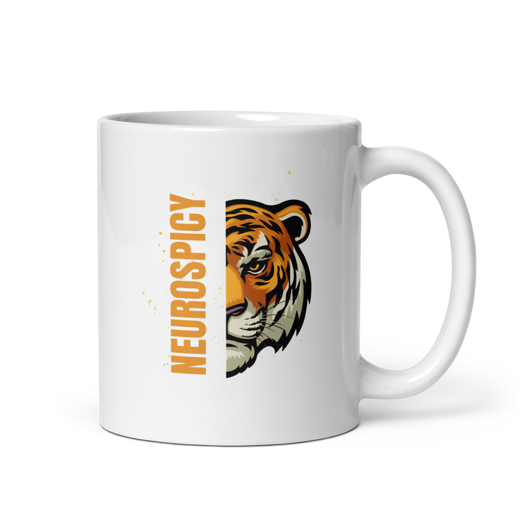 Neurospicy Tiger | White Glossy Mug | Statement Gift for Neurospicy Thinkers white-glossy-mug-white-11-oz-handle-on-right-67dc667d38958 Kitchen & Dining > Drinkware > Mugs
