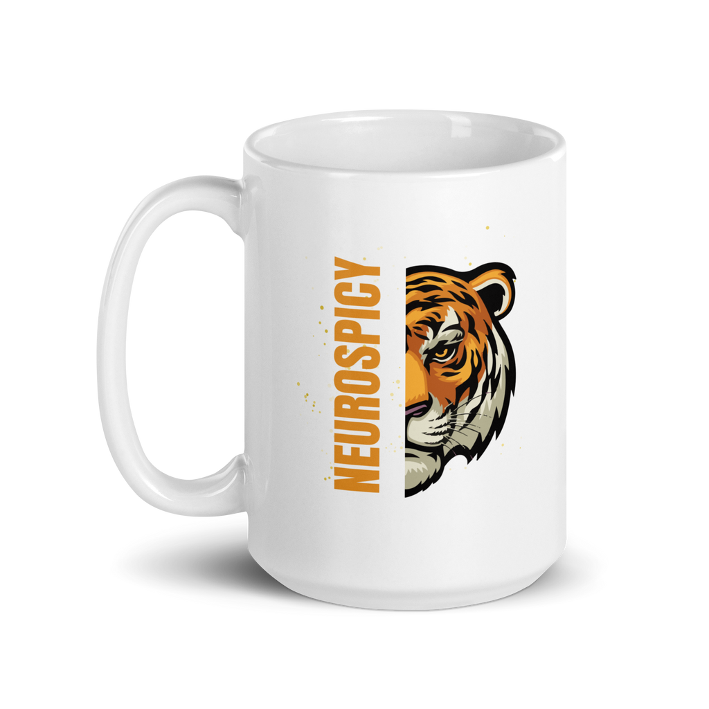 Neurospicy Tiger | White Glossy Mug | Statement Gift for Neurospicy Thinkers white-glossy-mug-white-15-oz-handle-on-left-67dc667d3953b Kitchen & Dining > Drinkware > Mugs