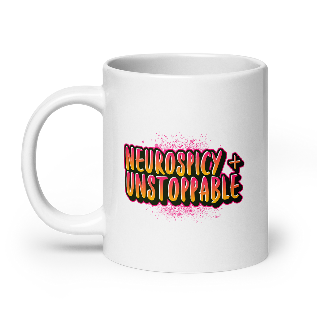 Neurospicy and Unstoppable | White Mug | Neurodivergent Gift white-glossy-mug-white-20-oz-handle-on-left-67d865e89a011 Kitchen & Dining > Drinkware > Mugs