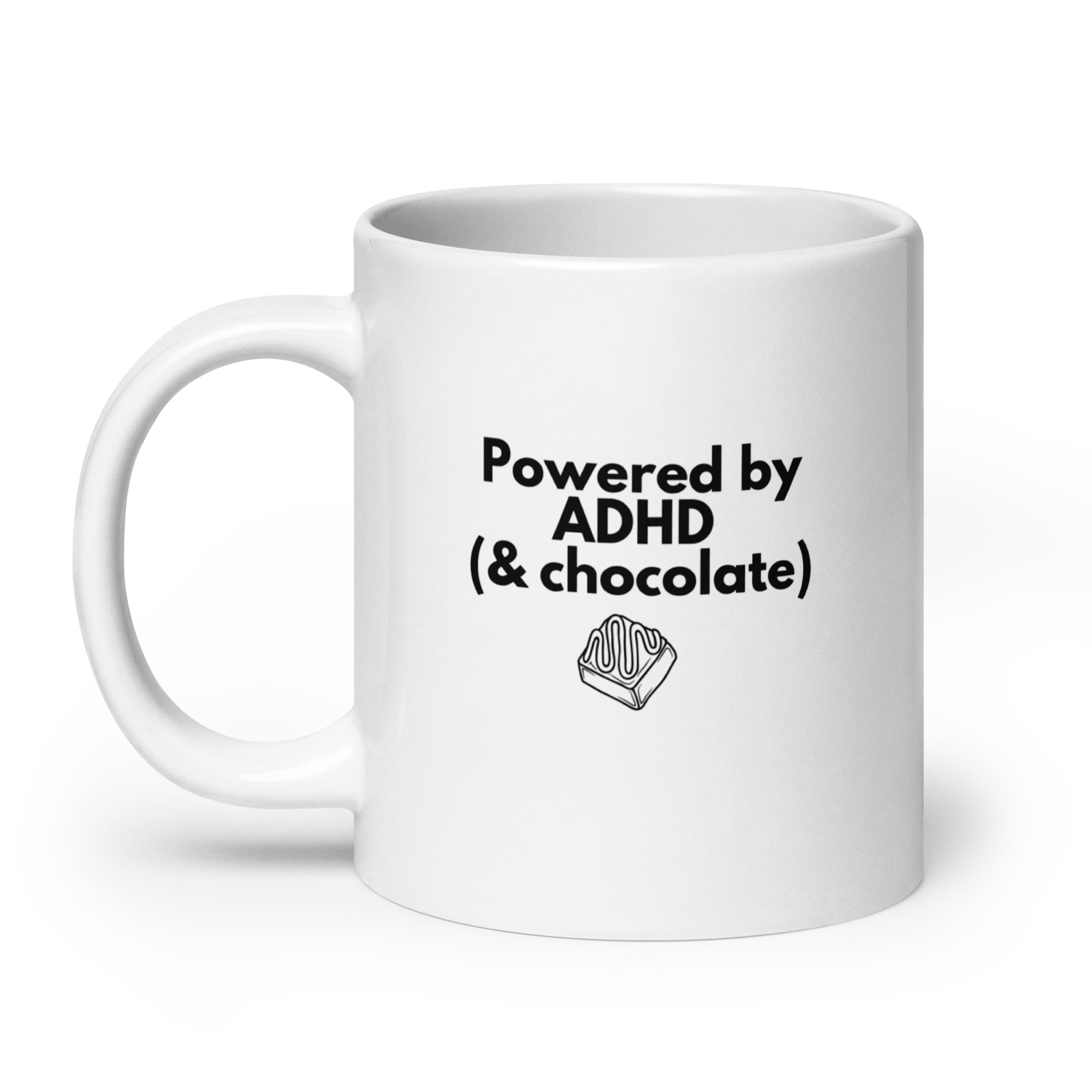 Powered by ADHD (& Chocolate) | White Glossy Mug | The Neurospicy Store