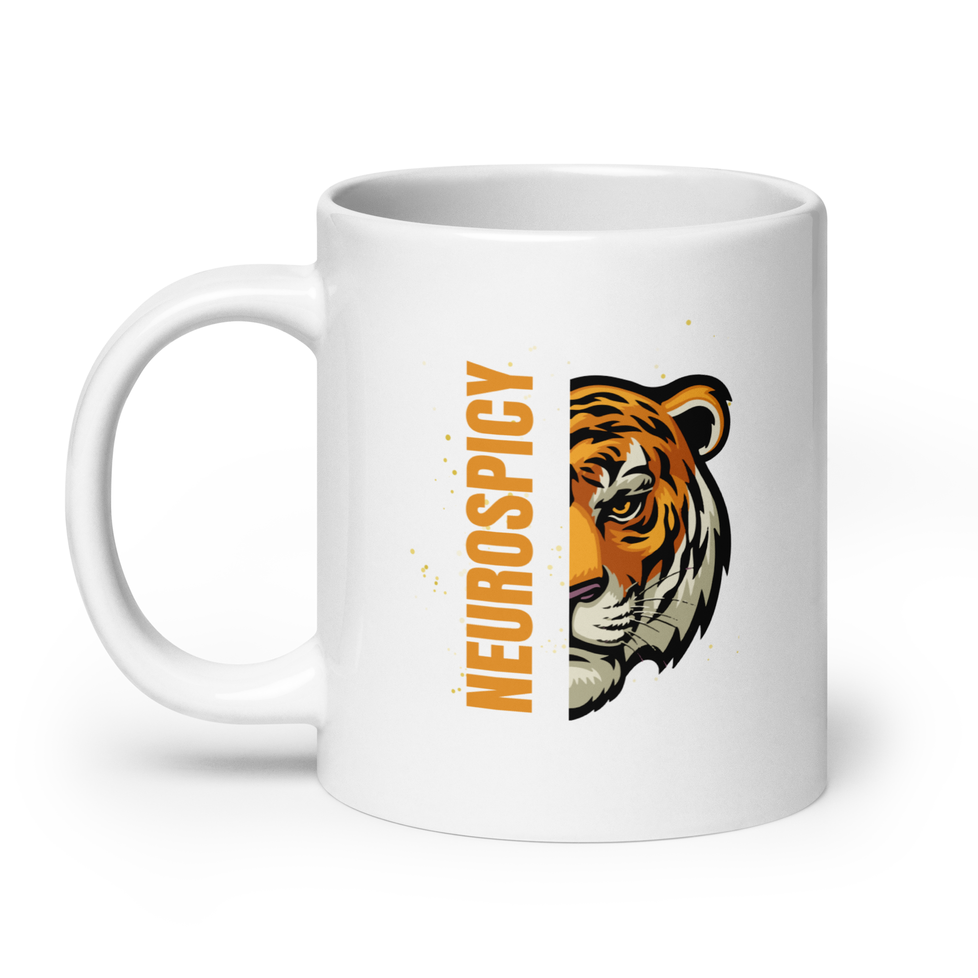 Neurospicy Tiger | White Glossy Mug | Statement Gift for Neurospicy Thinkers white-glossy-mug-white-20-oz-handle-on-left-67dc667d3980a Kitchen & Dining > Drinkware > Mugs