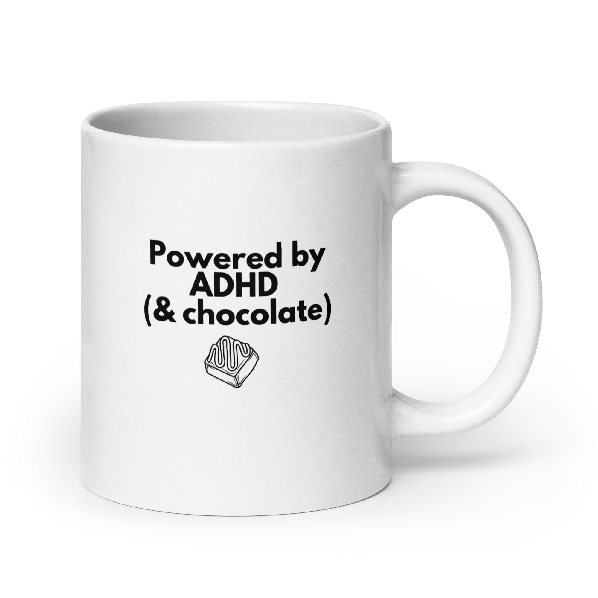 Powered by ADHD (& Chocolate) | White Glossy Mug | The Neurospicy Store 20 oz
