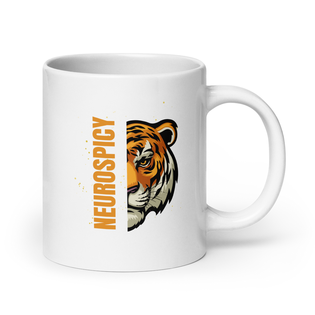 Neurospicy Tiger | White Glossy Mug | Statement Gift for Neurospicy Thinkers white-glossy-mug-white-20-oz-handle-on-right-67dc667d3974f Kitchen & Dining > Drinkware > Mugs