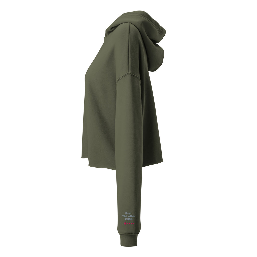 Psst. The Other Right crop hoodie in Military Green, left sleeve