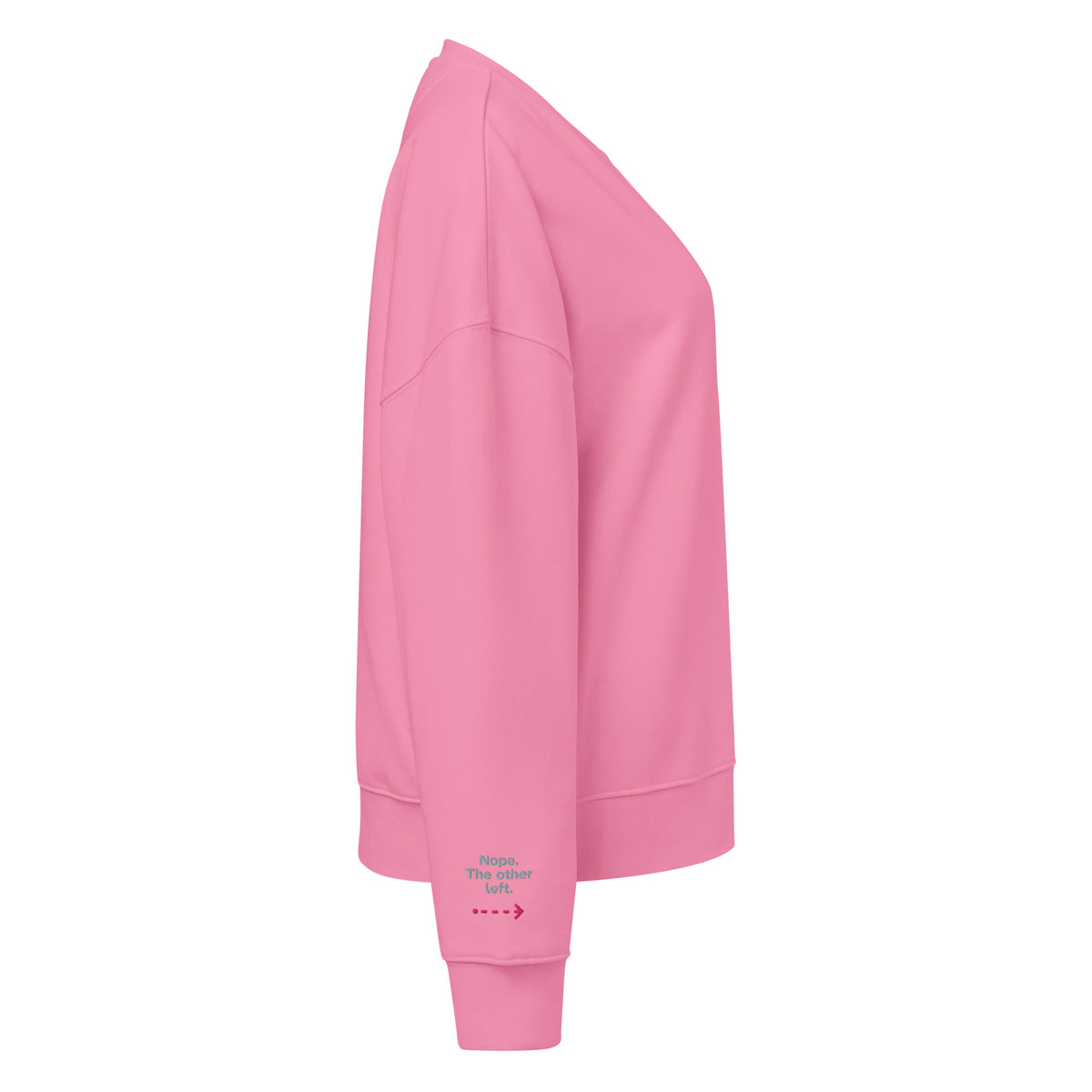 Psst. The Other Right women's organic sweatshirt in Bubble Pink, right sleeve