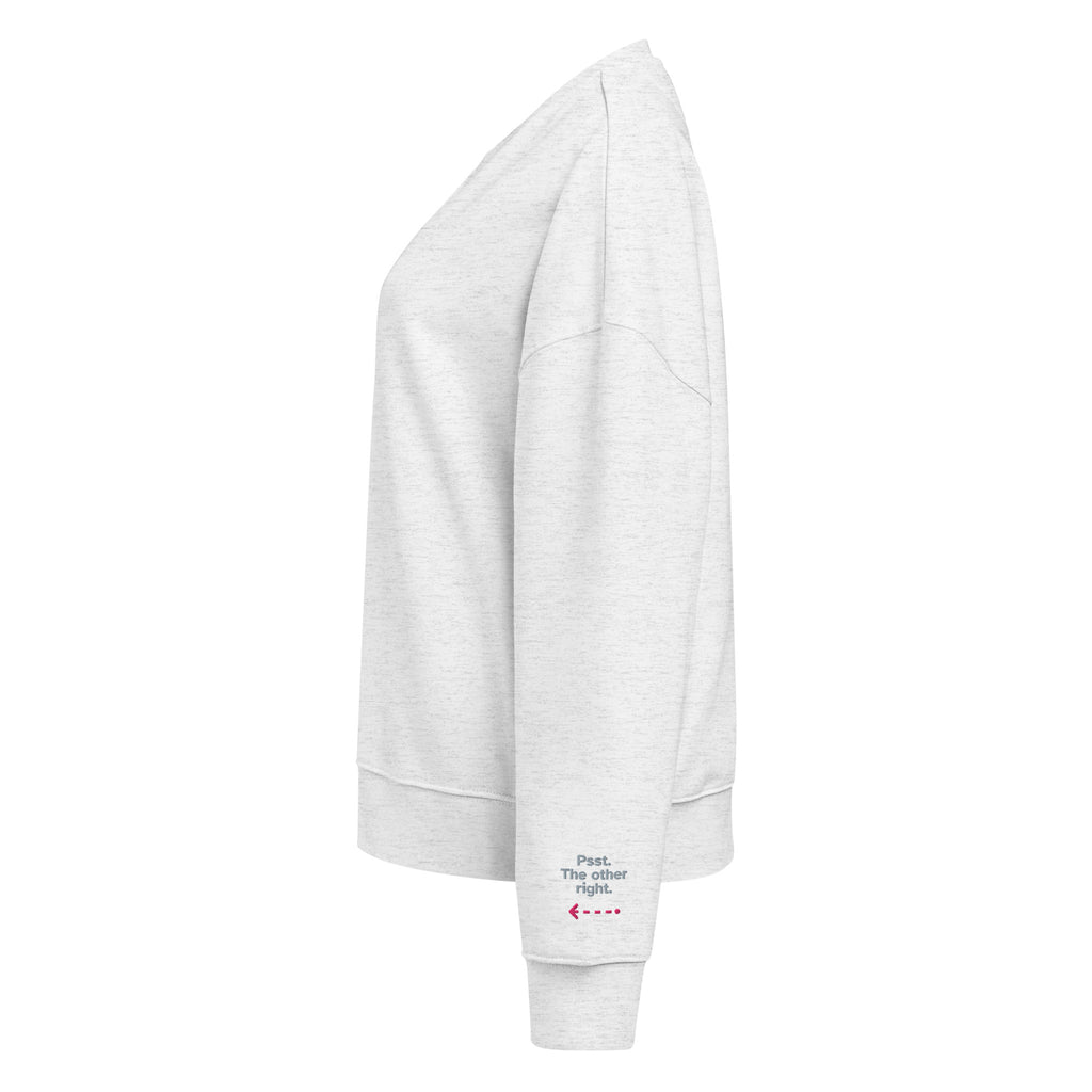 Psst. The Other Right women's organic sweatshirt in Cool Heather Grey, left sleeve