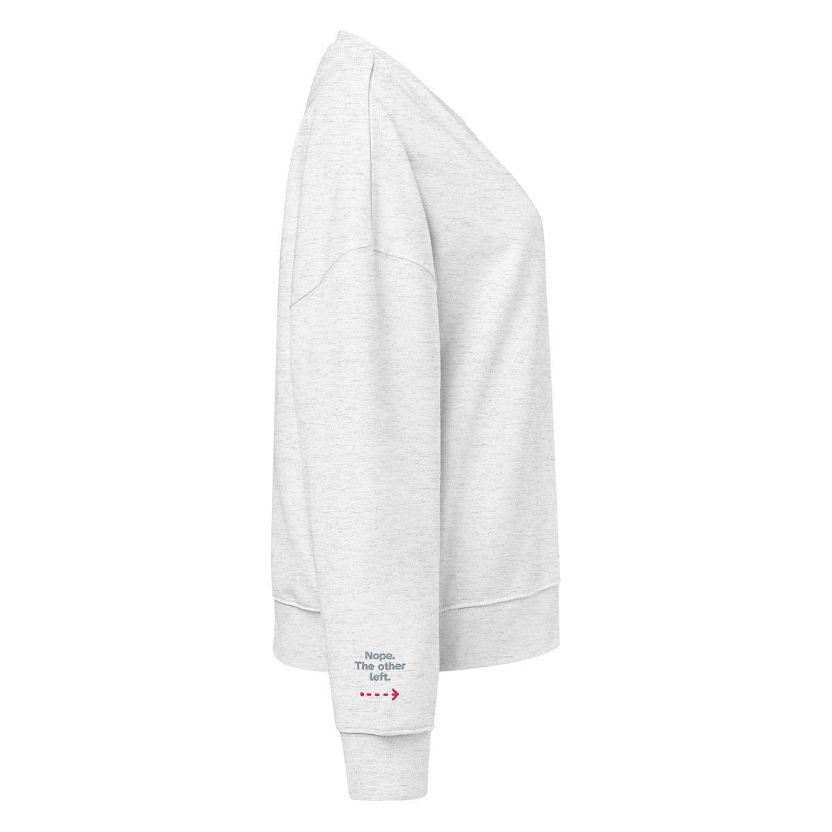 Psst. The Other Right women's organic sweatshirt in Cool Heather Grey, right sleeve