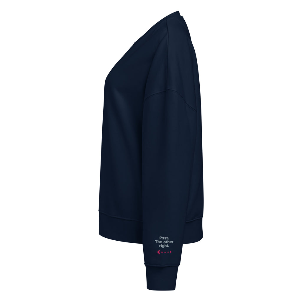 Psst. The Other Right women's organic sweatshirt in French Navy, left sleeve