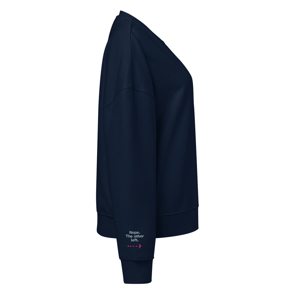 Psst. The Other Right women's organic sweatshirt in French Navy, right sleeve