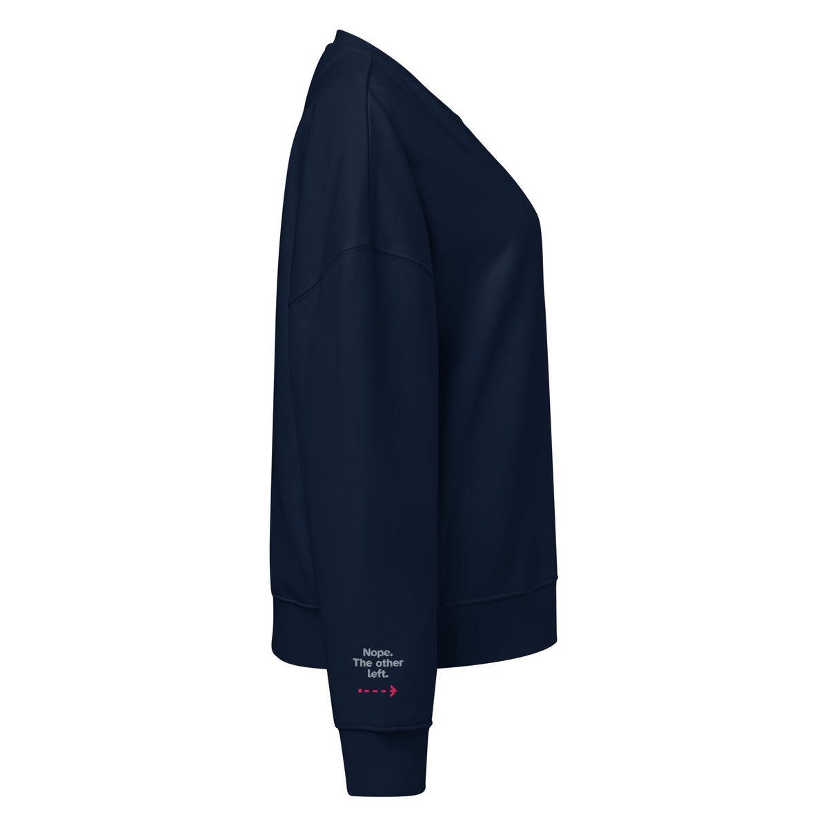 Psst. The Other Right women's organic sweatshirt in French Navy, right sleeve