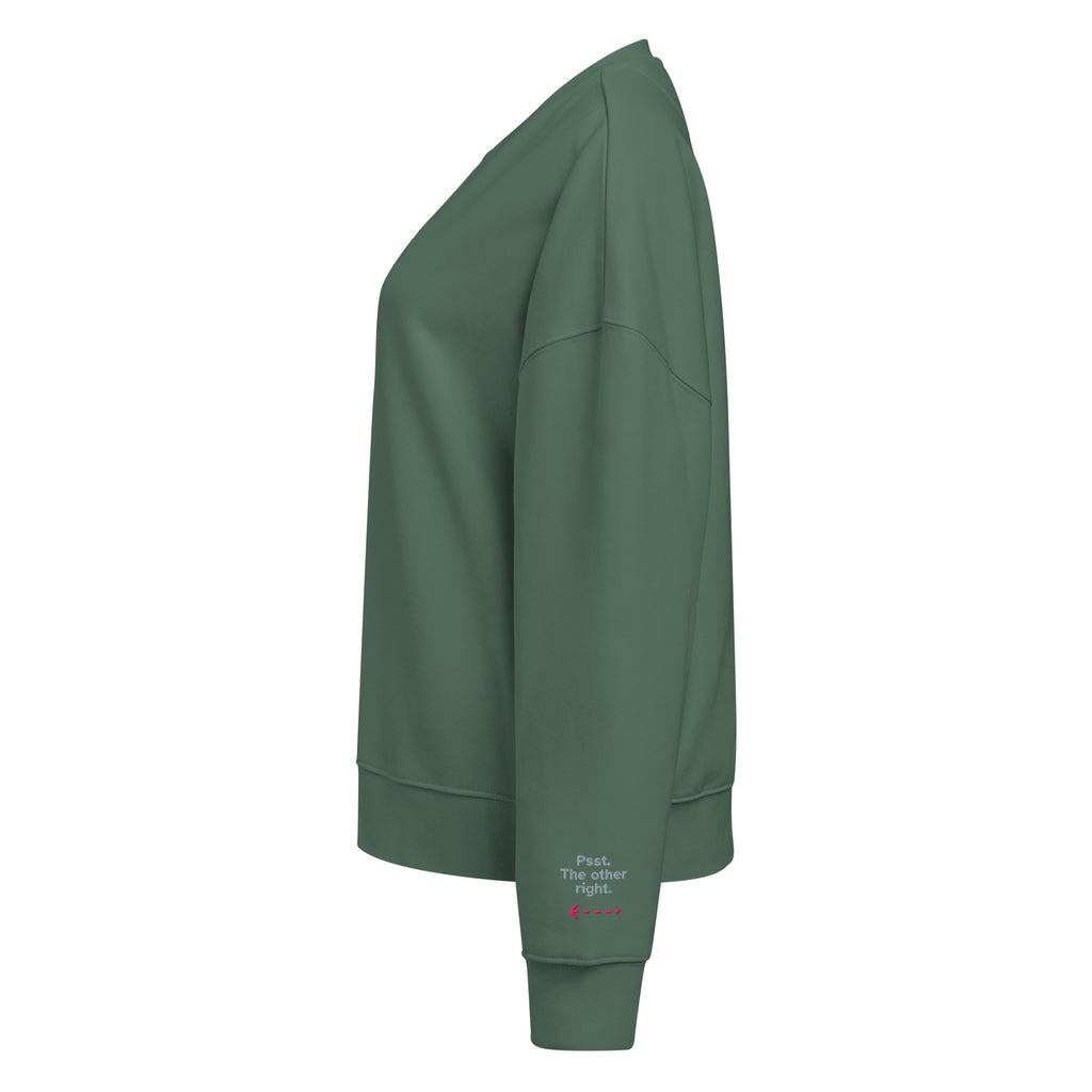 Psst. The Other Right women's organic sweatshirt in Green Bay, left sleeve