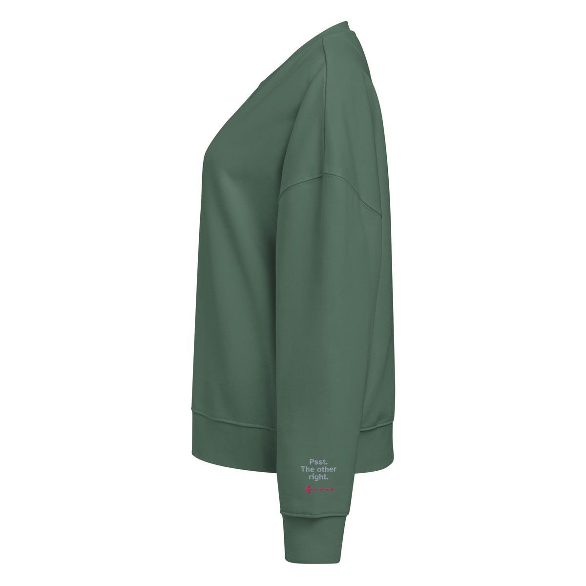 Psst. The Other Right women's organic sweatshirt in Green Bay, left sleeve