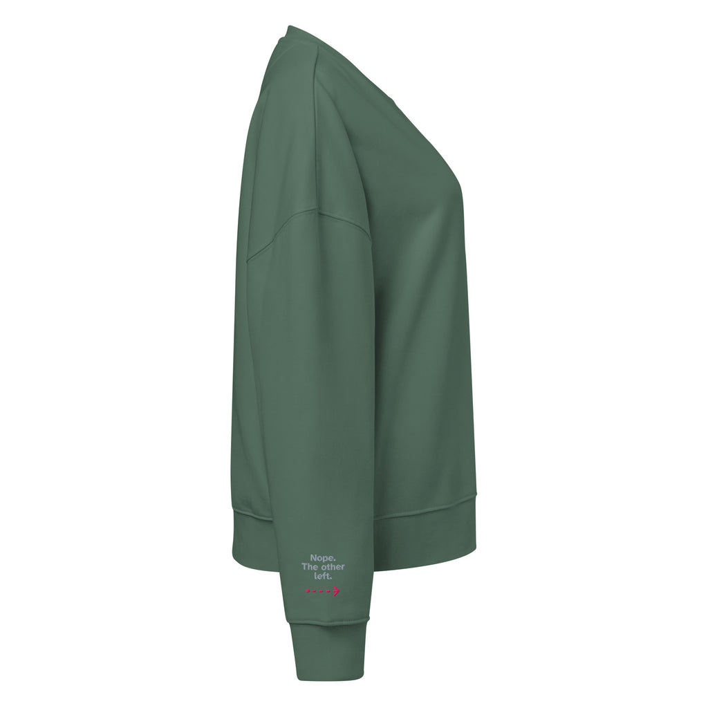 Psst. The Other Right women's organic sweatshirt in Green Bay, right sleeve