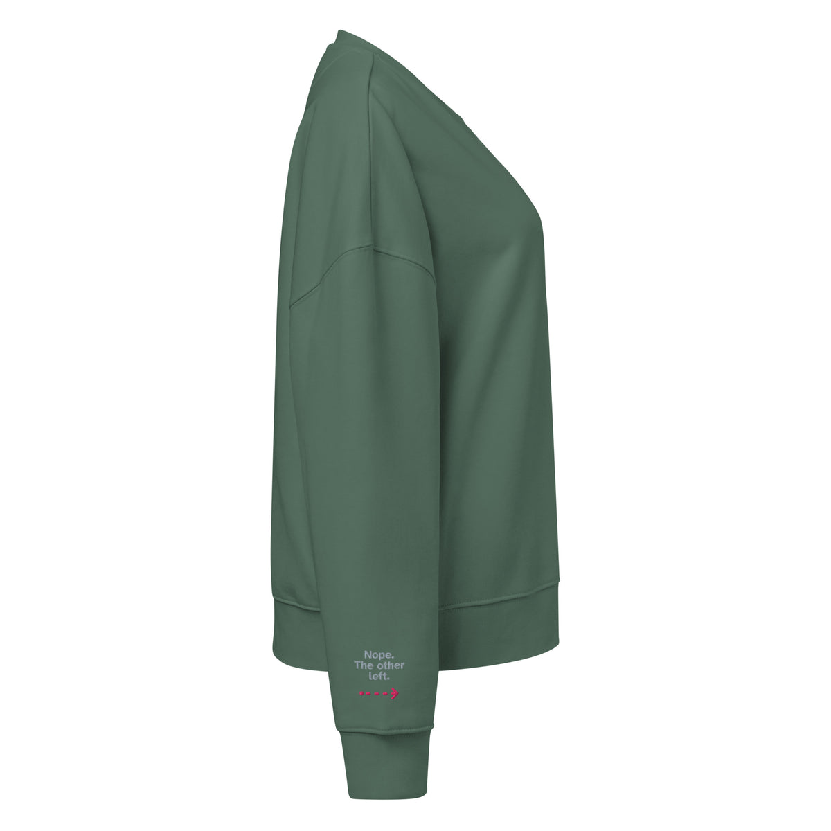 Psst. The Other Right women's organic sweatshirt in Green Bay, right sleeve