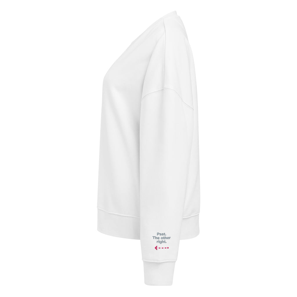 Psst. The Other Right women's organic sweatshirt in White, left sleeve