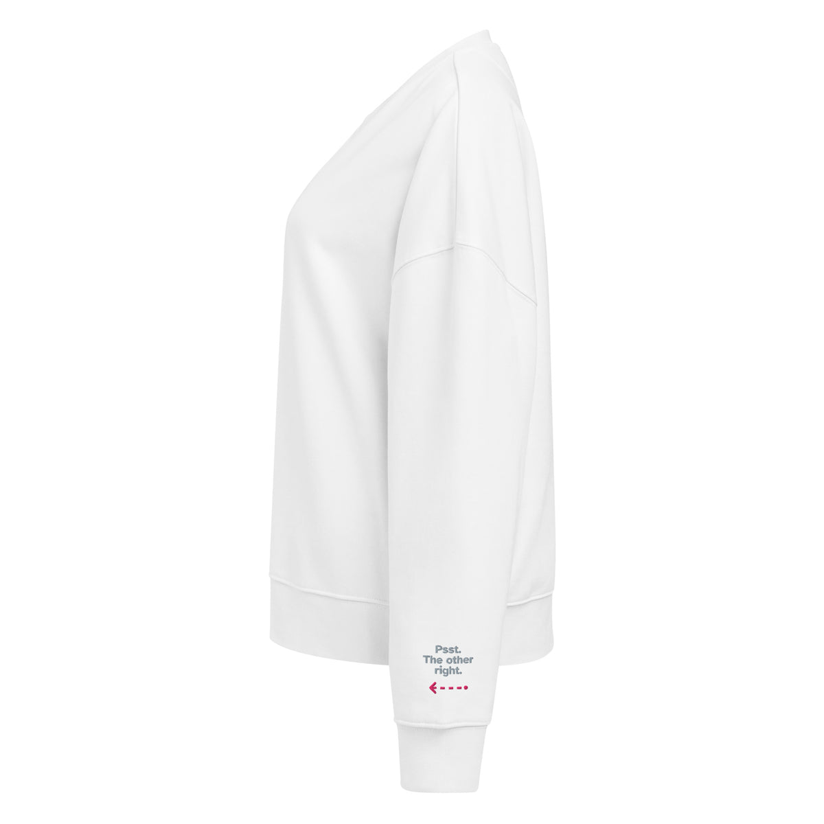 Psst. The Other Right women's organic sweatshirt in White, left sleeve
