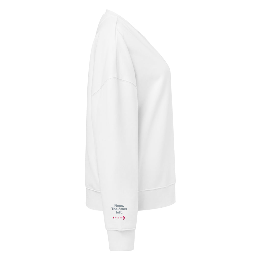 Psst. The Other Right women's organic sweatshirt in White, right sleeve