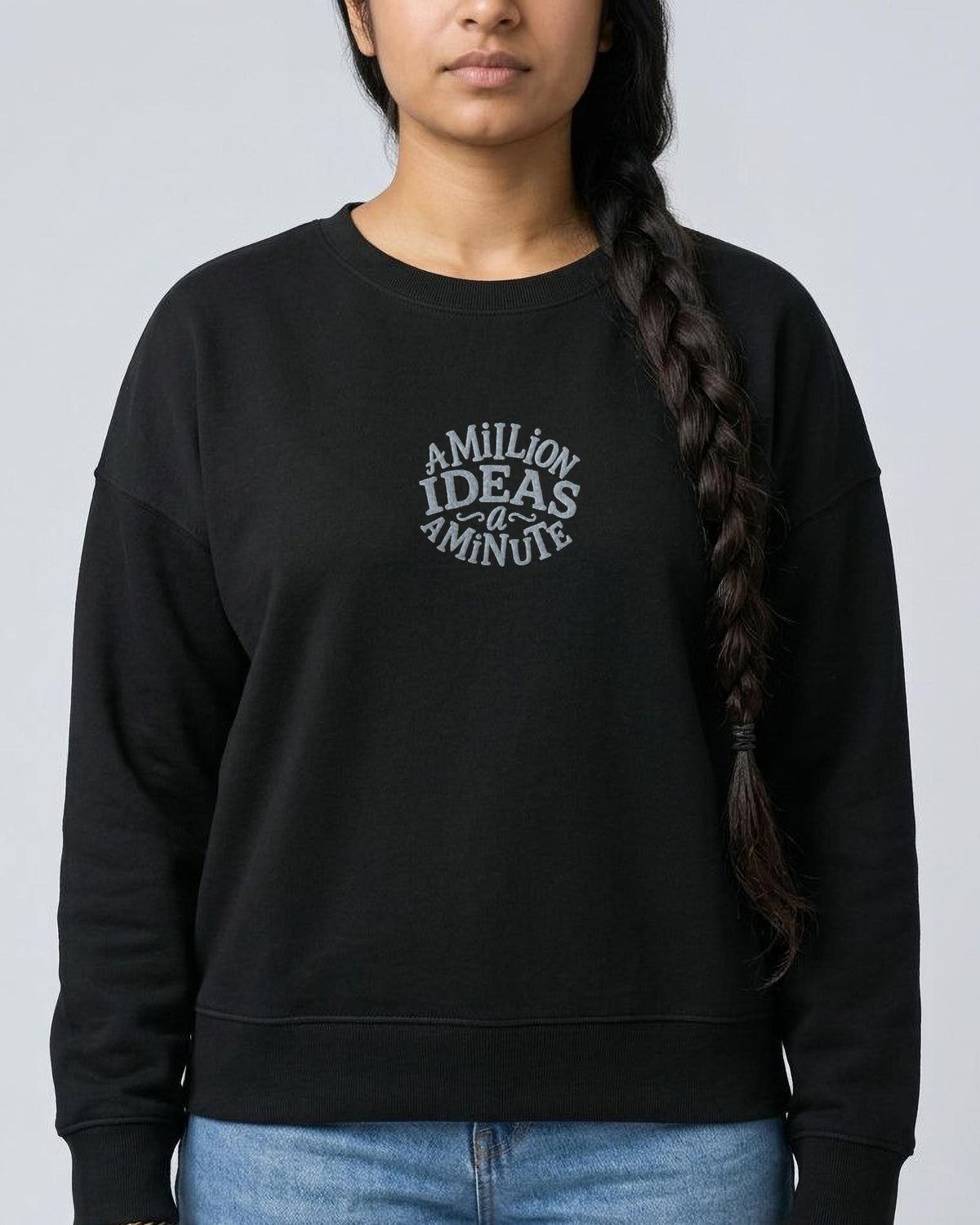 A Million Ideas embroidered women's organic sweatshirt in Black, worn, full view