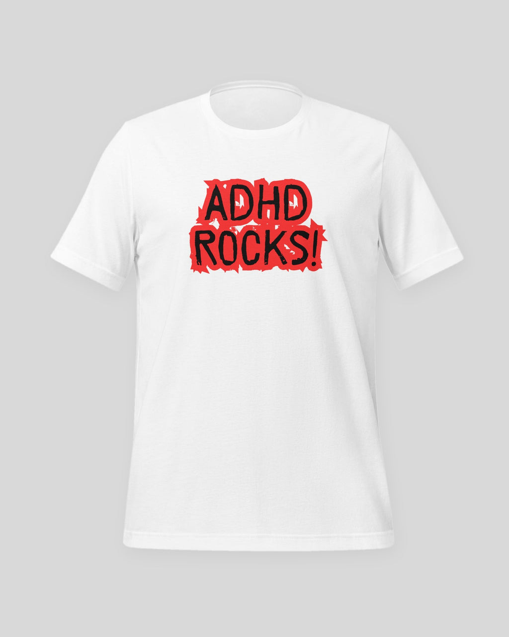 ADHD Rocks (red print) tee in White, laid flat