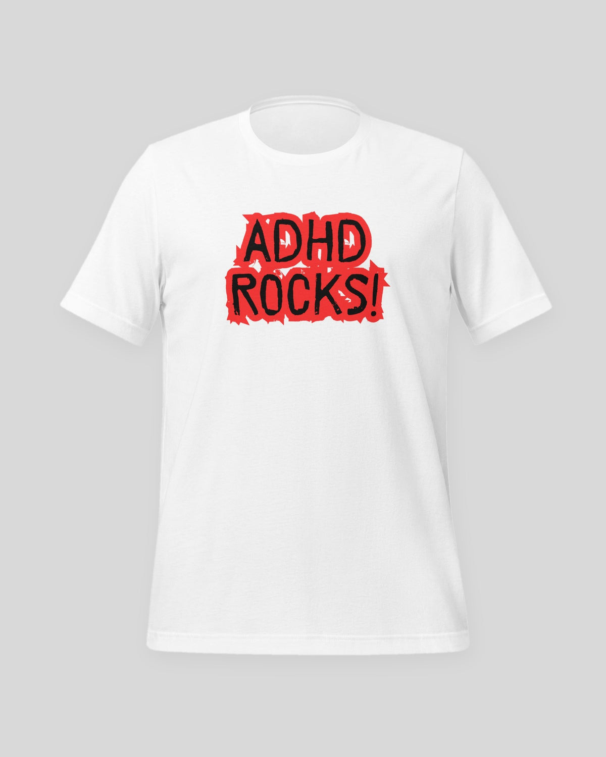 ADHD Rocks (red print) tee in White, laid flat