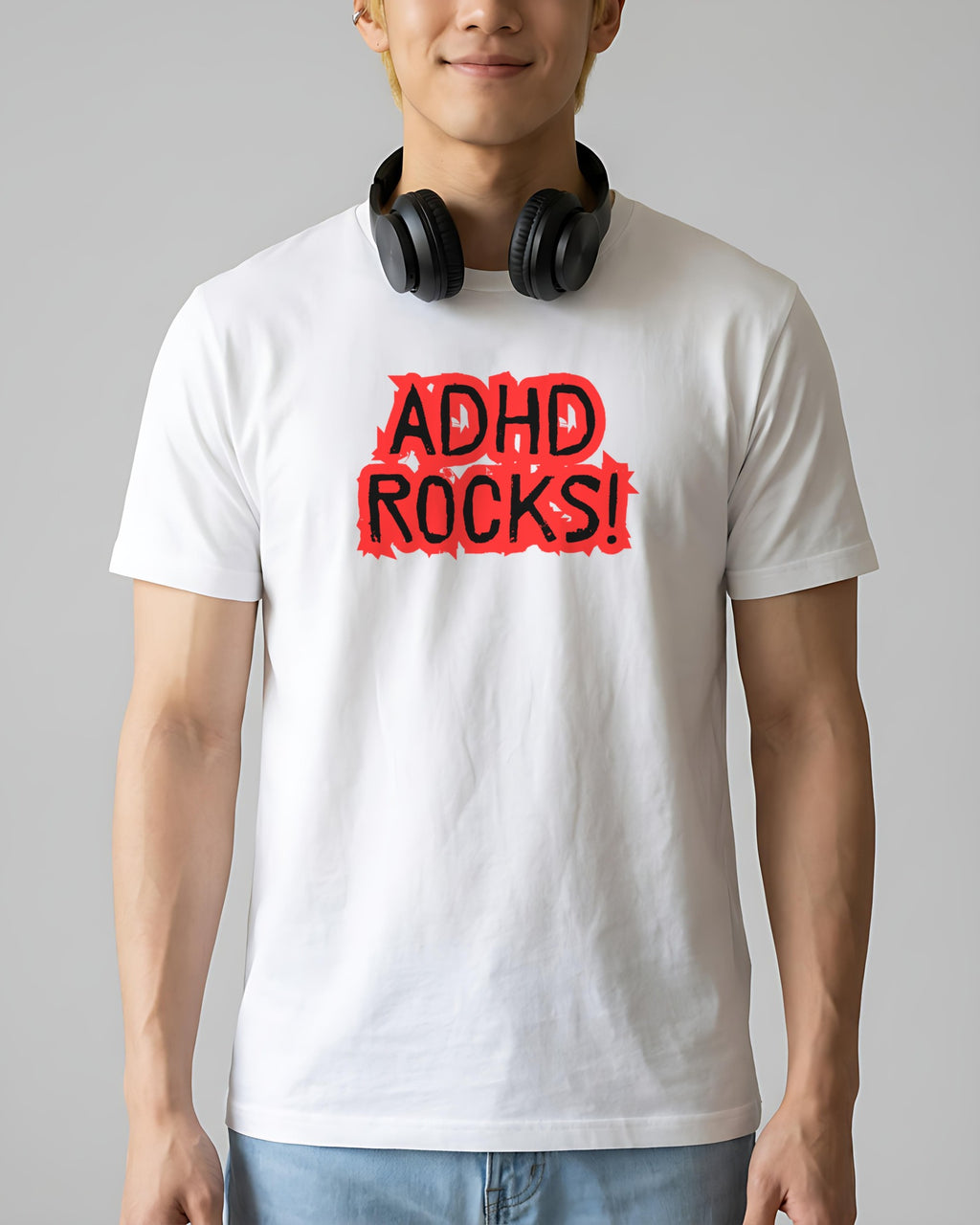 ADHD Rocks (red print) tee in White, worn