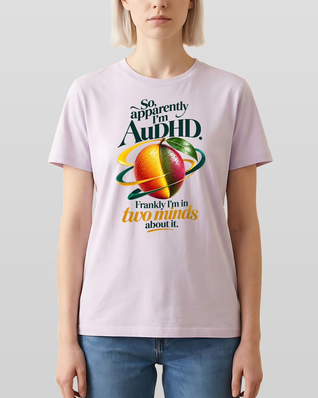 Apparently I'm AuDHD organic tee in Lavender, worn