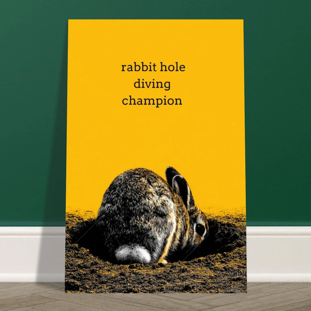 Rabbit Hole Diving Champion wall art print, close view