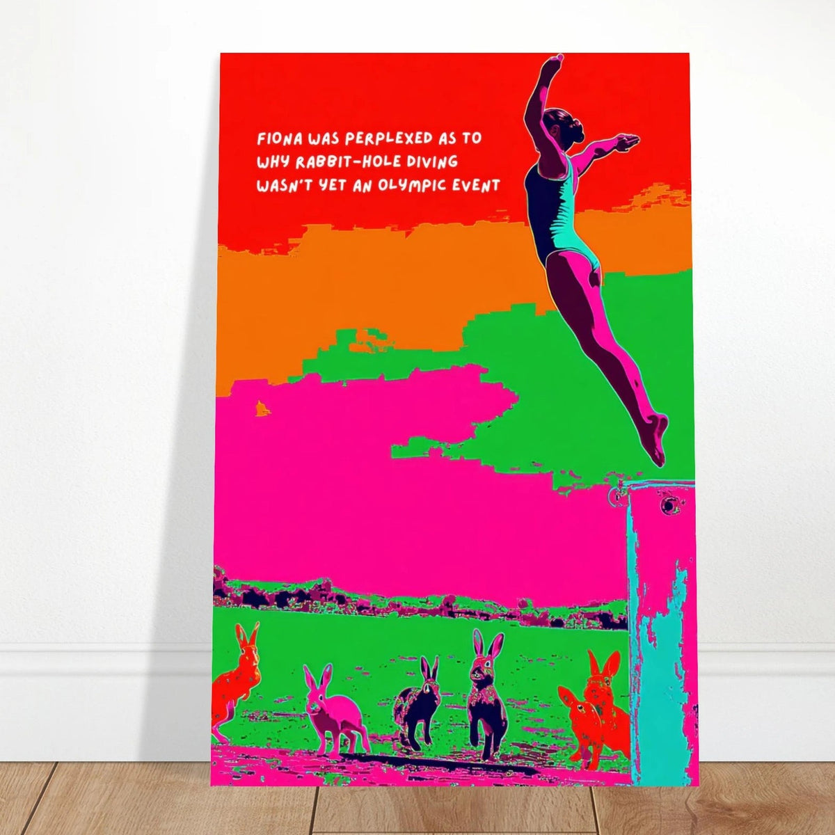 Fiona Rabbit Hole Diving wall art print, close view