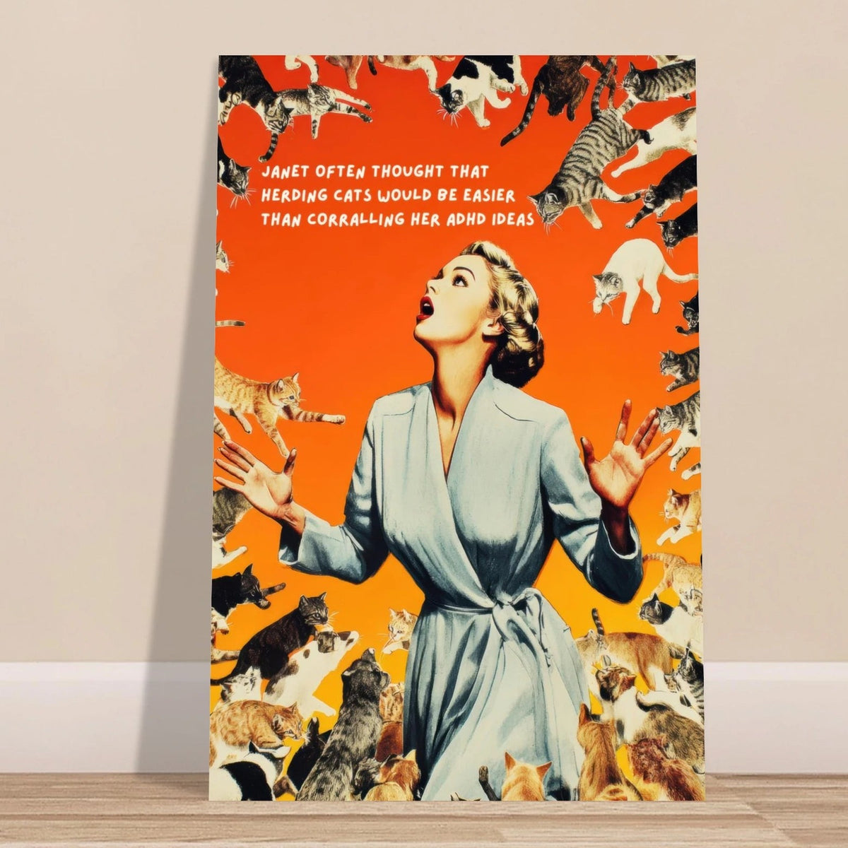 Janet Herding Cats wall art print, close view