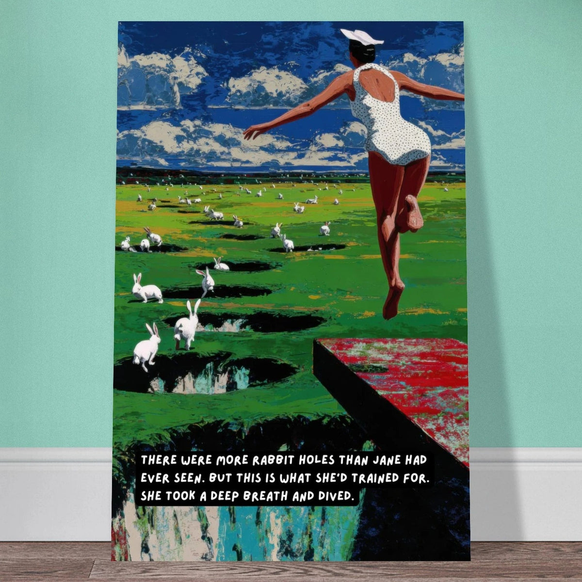 Jane's Many Rabbit Holes wall art print, close view