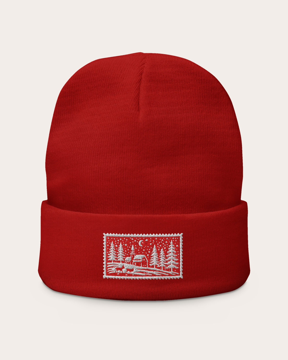 Christmas Scene Stamp embroidered beanie in Red