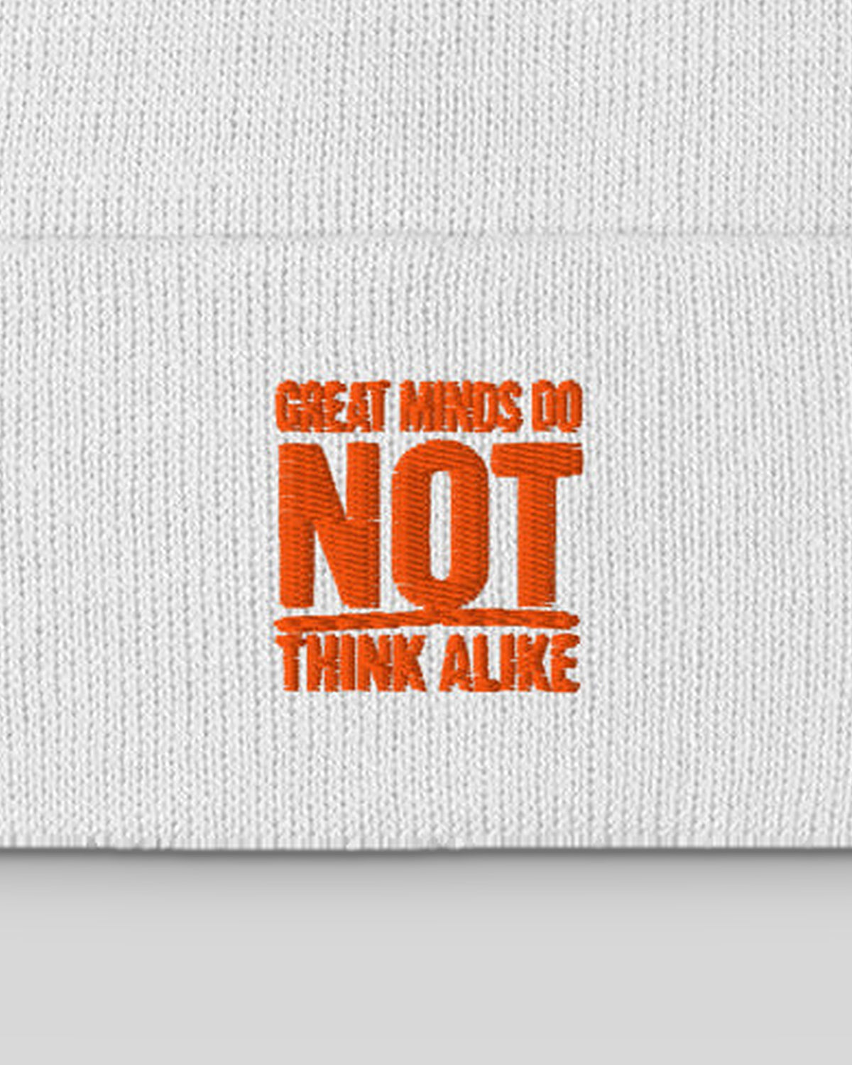 Great Minds (beanie) embroidered dad hat in White, close-up of the embroidery