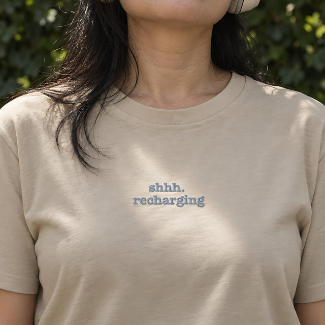 Shhh. Recharging | Embroidered Organic Mid-Light T-Shirt | Sass & Spoons, product photo