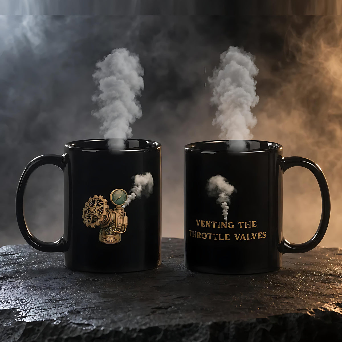 Two black glossy mugs on wet slate with steam rising, showing both sides of the steampunk design and the words venting the throttle valves