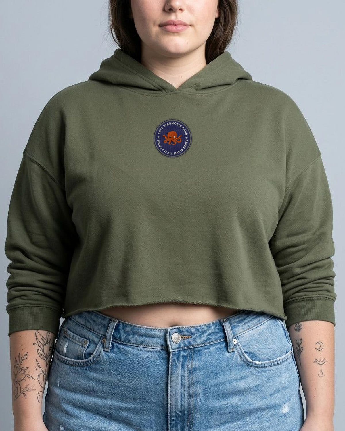 Finally ... ADHD embroidered crop hoodie in Military Green, worn, front view