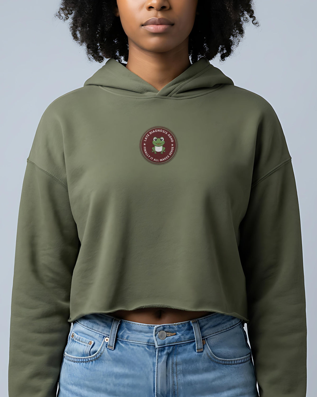 Finally ... ADHD embroidered crop hoodie in Military Green, worn, front view
