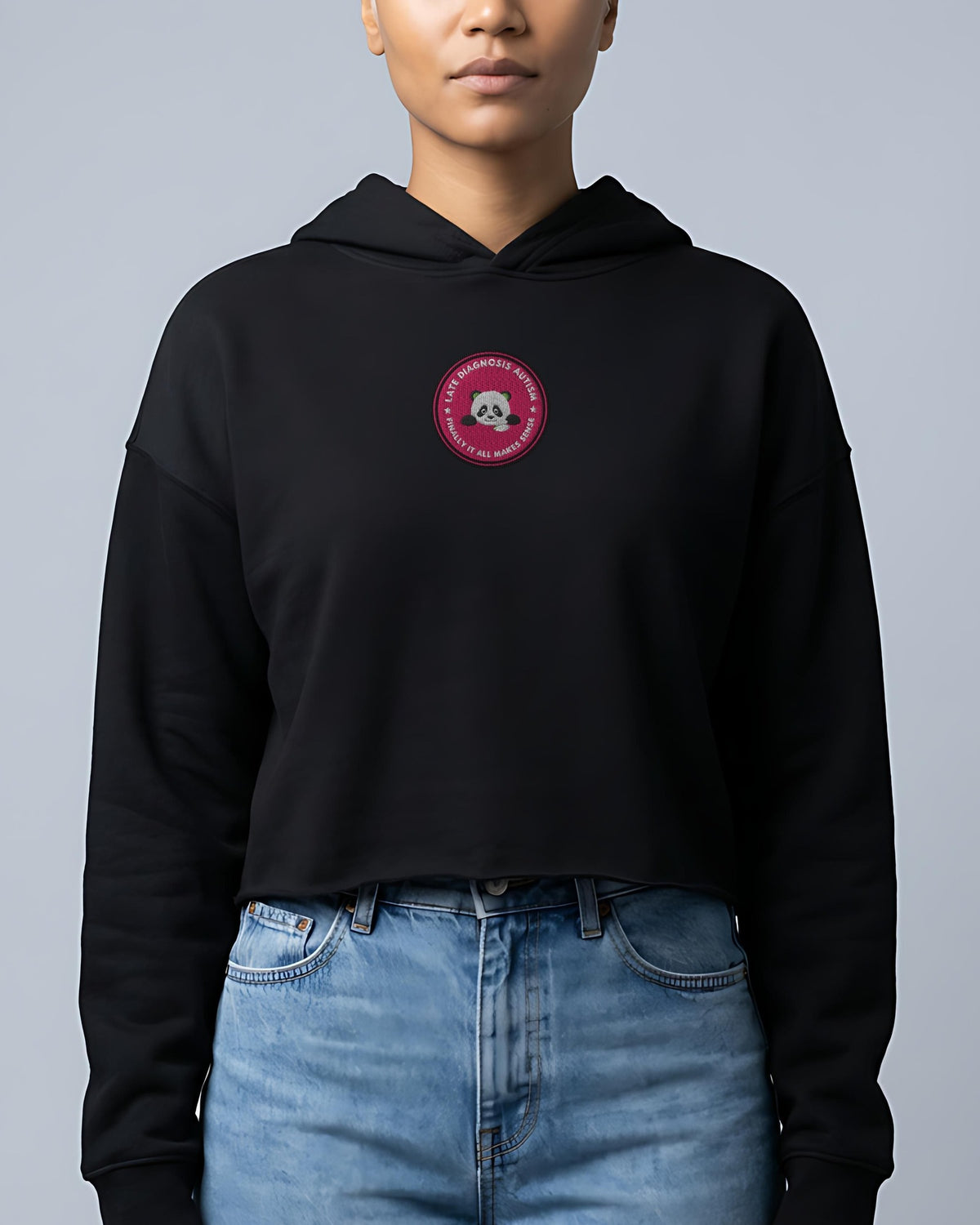 Finally ... Autism embroidered crop hoodie in Black, worn, front view