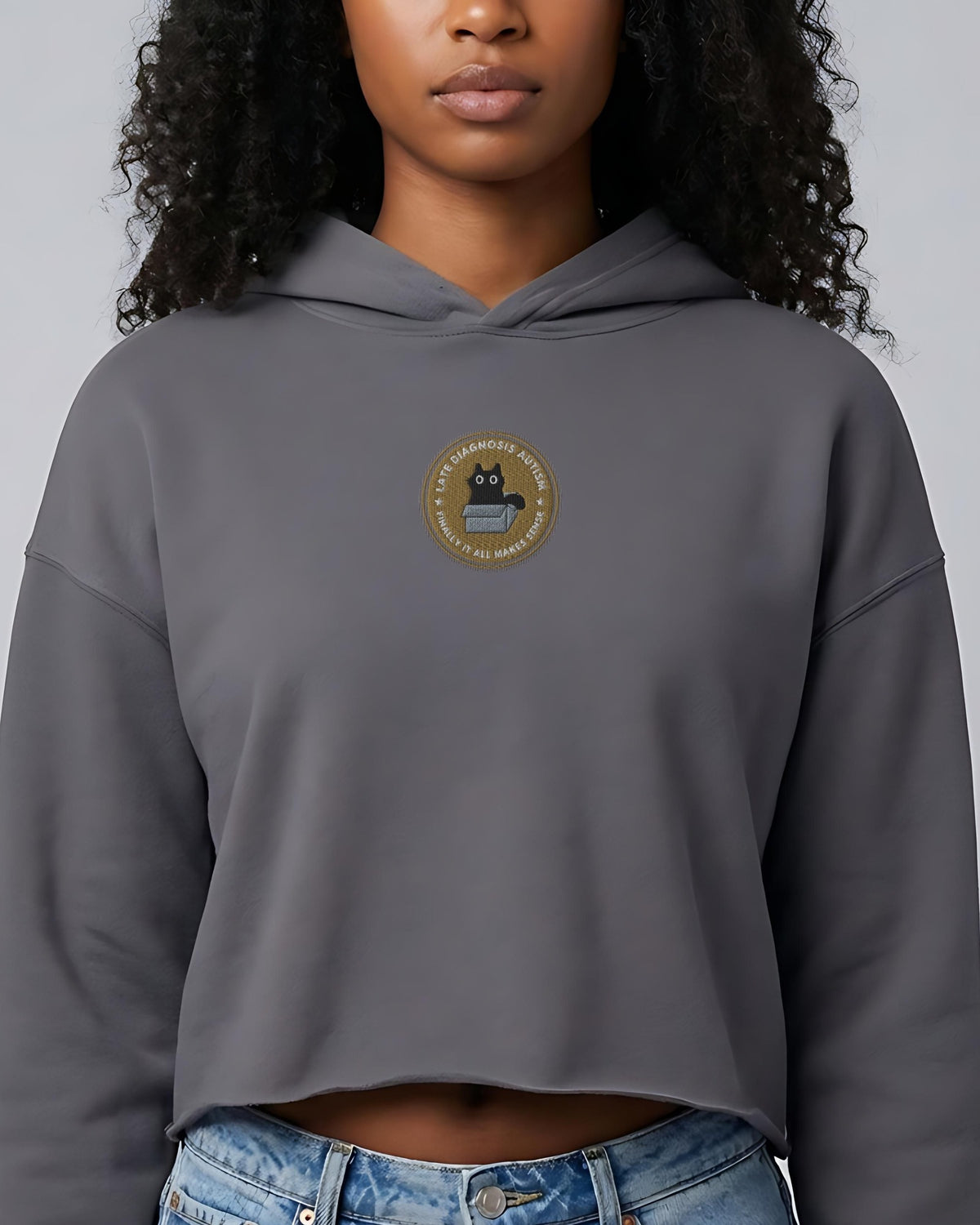 Finally ... Autism embroidered crop hoodie in Storm, worn, front view