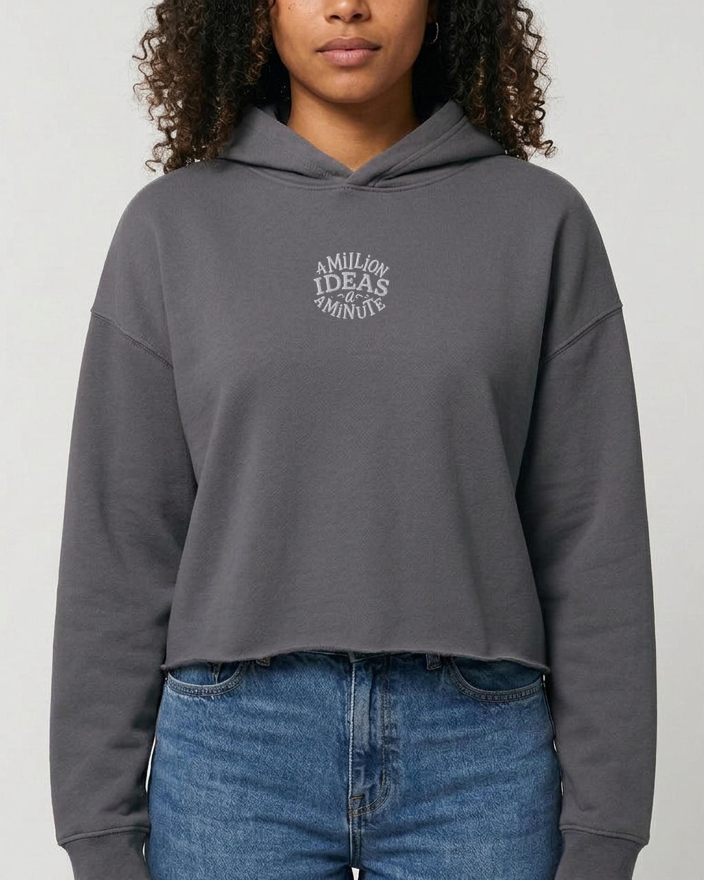 A Million Ideas A Minute embroidered crop hoodie in Storm, worn, front view