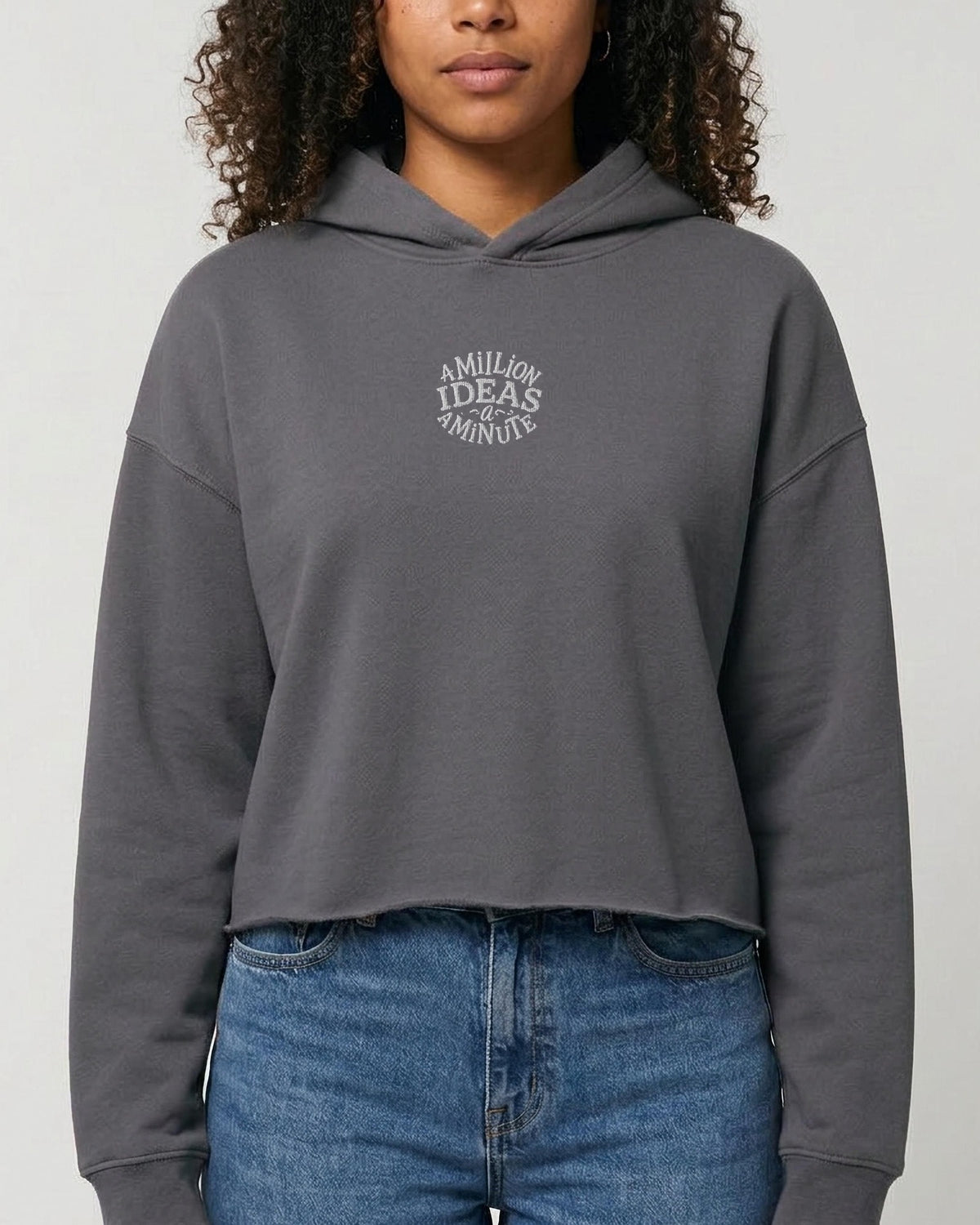 A Million Ideas A Minute embroidered crop hoodie in Storm, worn, front view