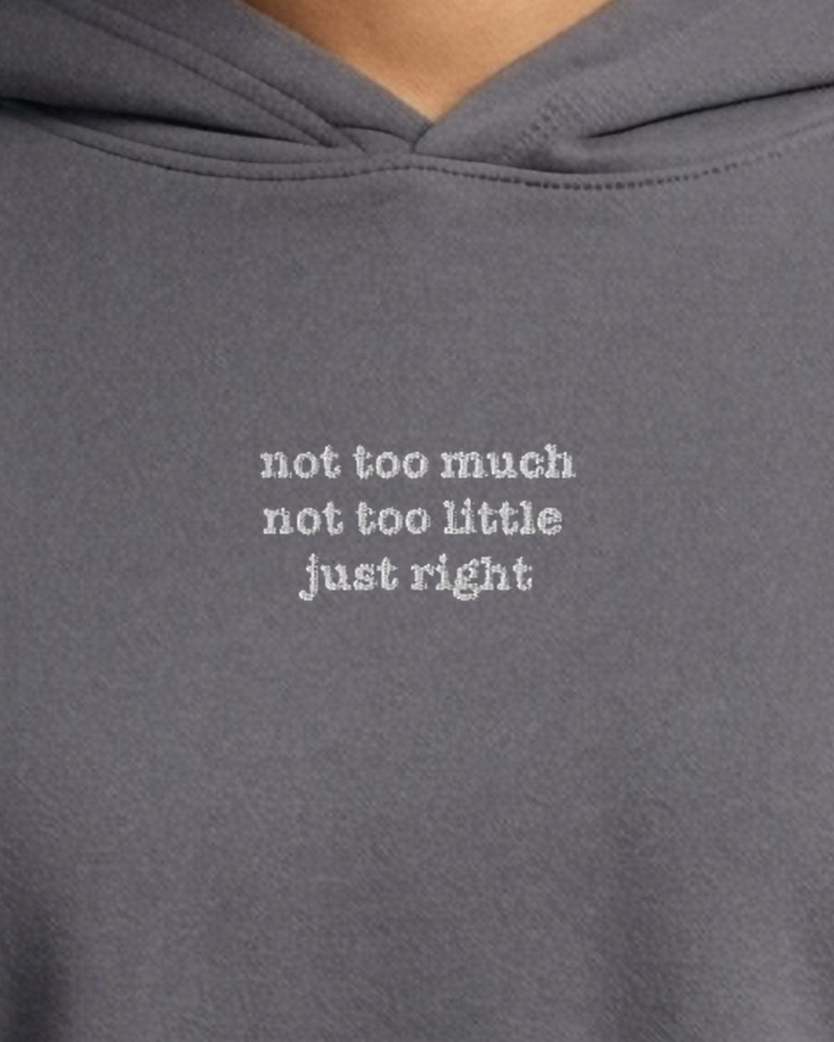 Not Too Much. Or Too Little. Just Right. embroidered crop hoodie in Storm, worn, close-up of the chest design