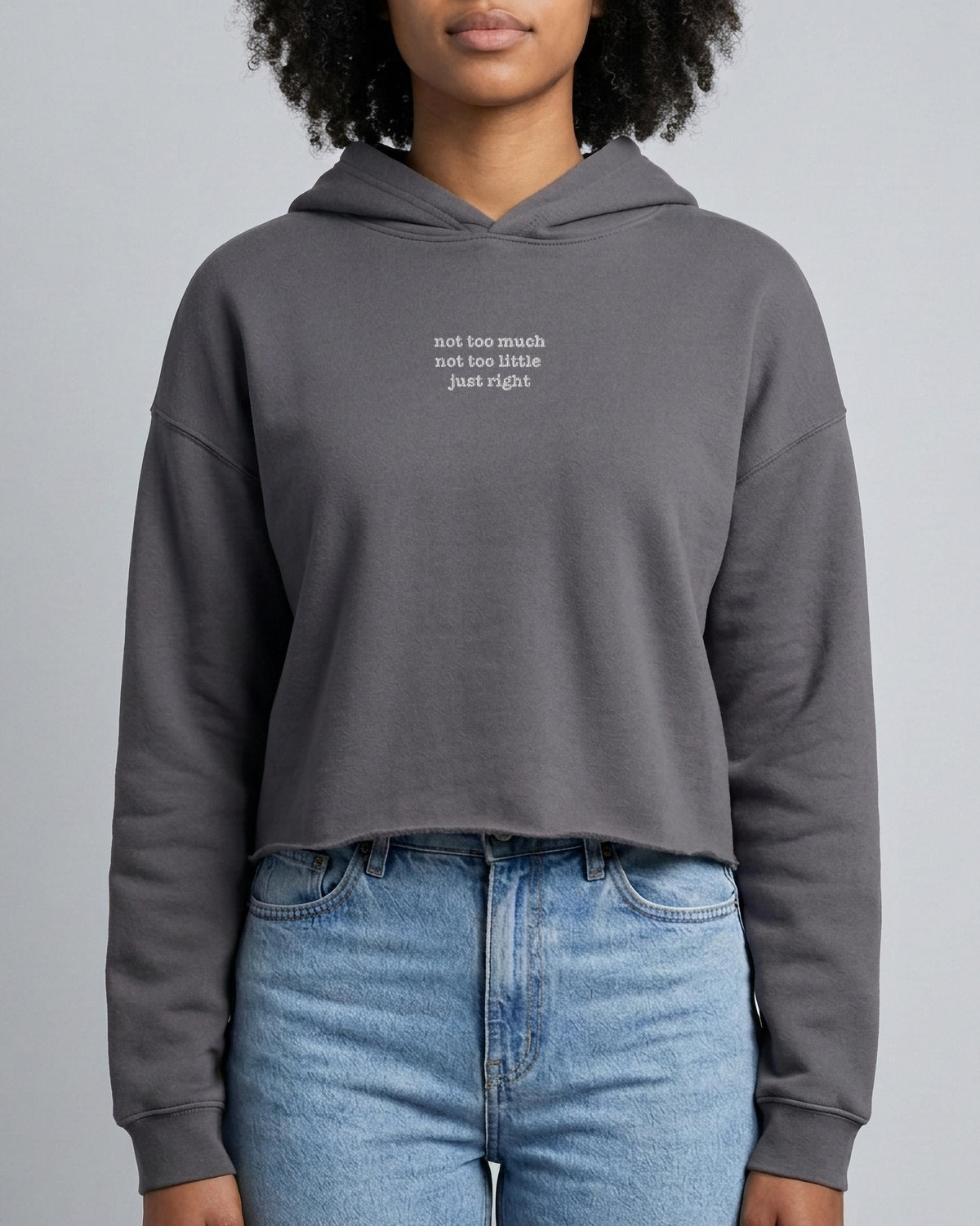 Not Too Much. Or Too Little. Just Right. embroidered crop hoodie in Storm, worn, front view