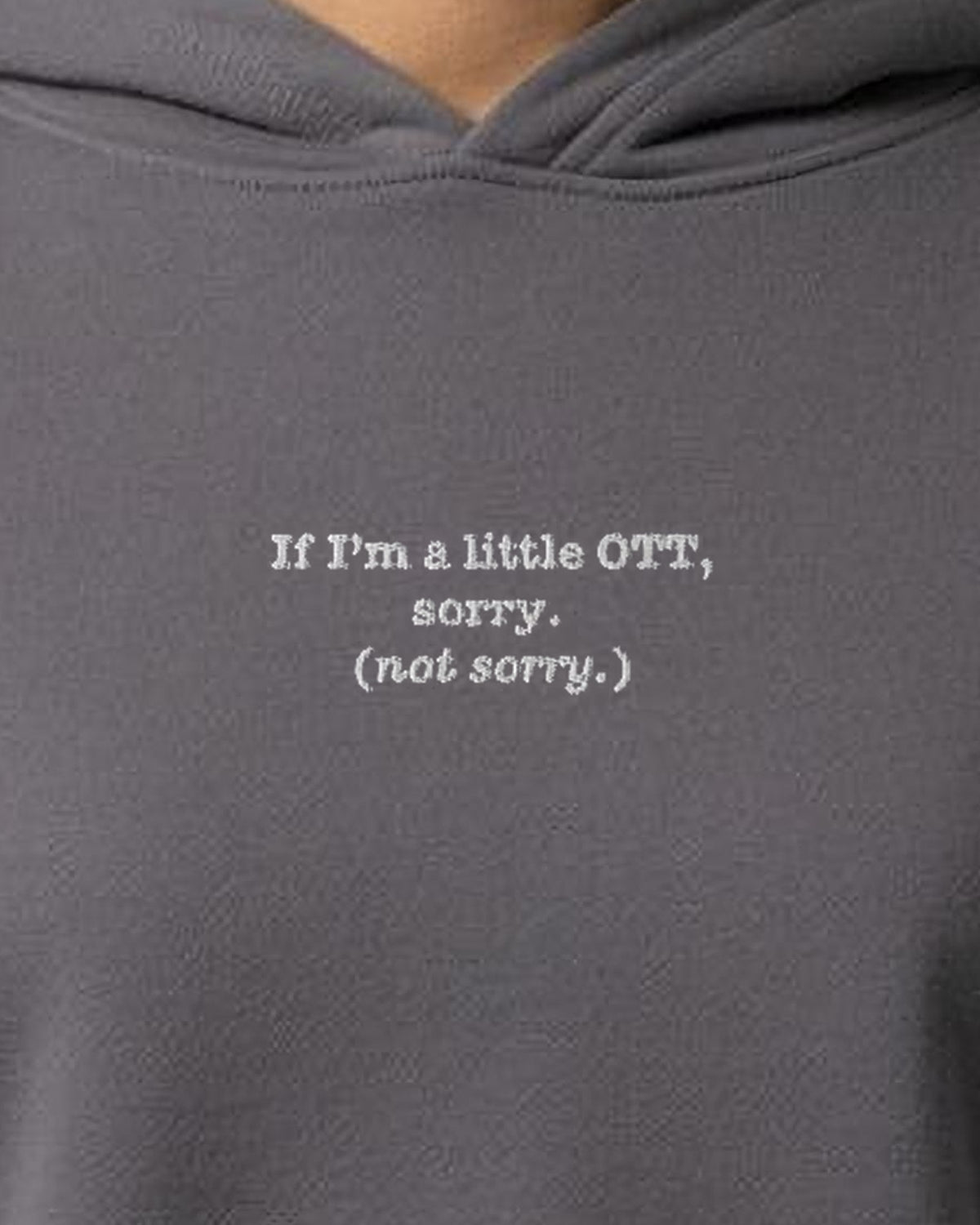 OTT? Sorry (Not Sorry) embroidered crop hoodie in Storm, worn, close-up of the chest design