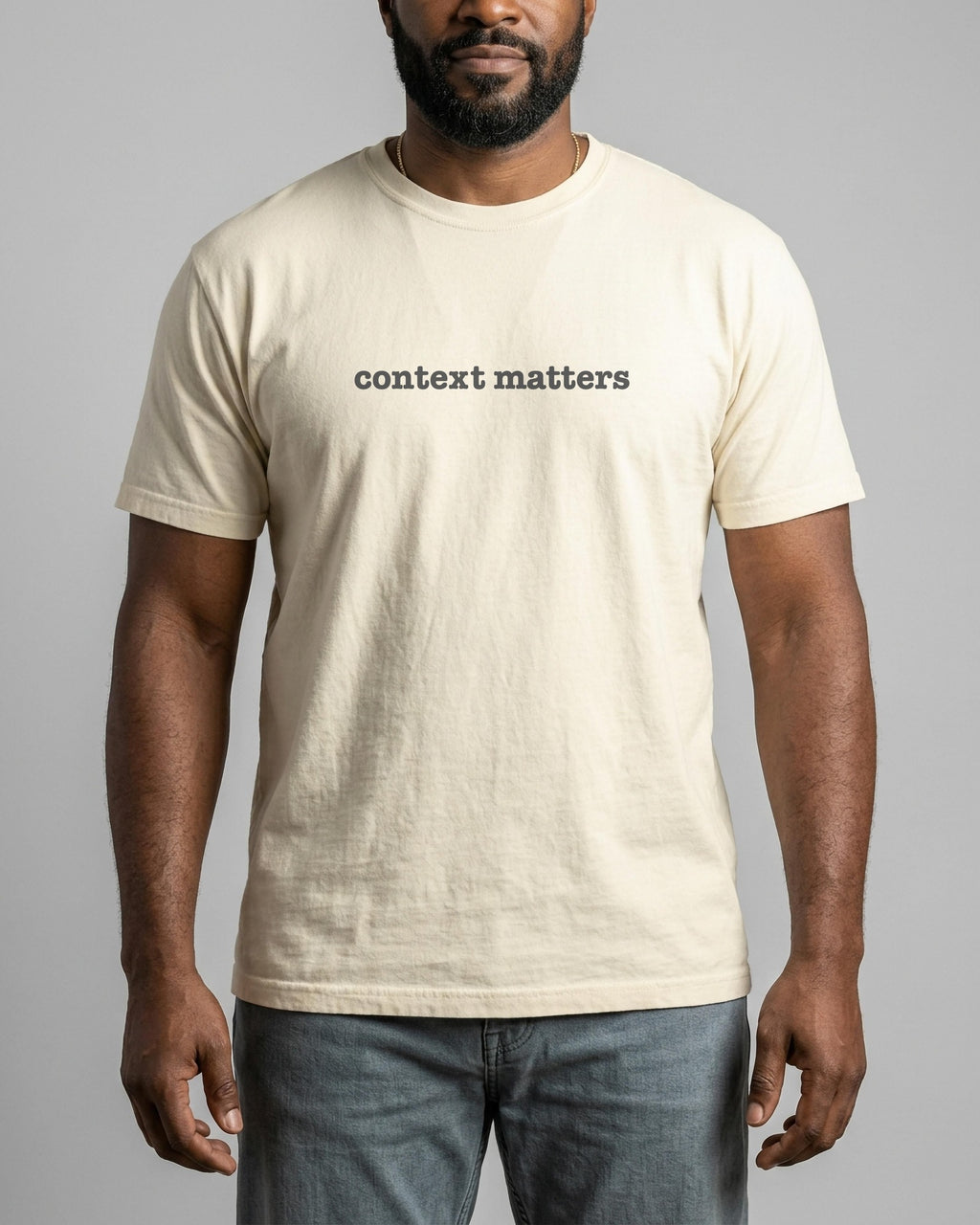 Context Matters garment-dyed tee in Ivory, worn, full view