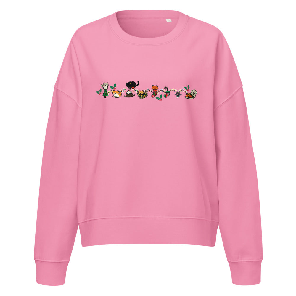 Cozy Catty Christmas women's organic sweatshirt in Bubble Pink, front view