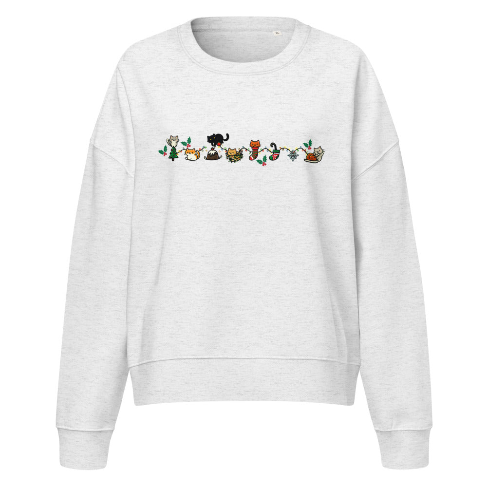 Cozy Catty Christmas women's organic sweatshirt in Cool Heather Grey, front view