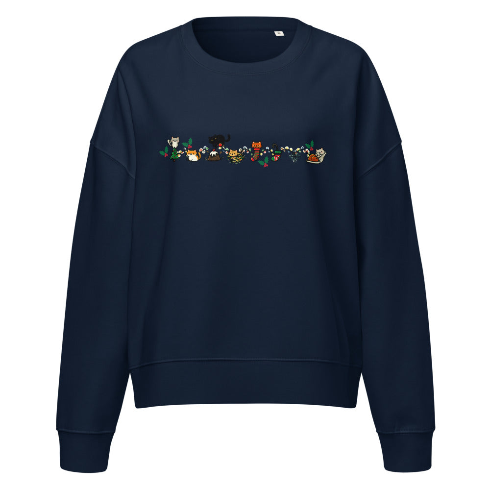 Cozy Catty Christmas women's organic sweatshirt in French Navy, front view