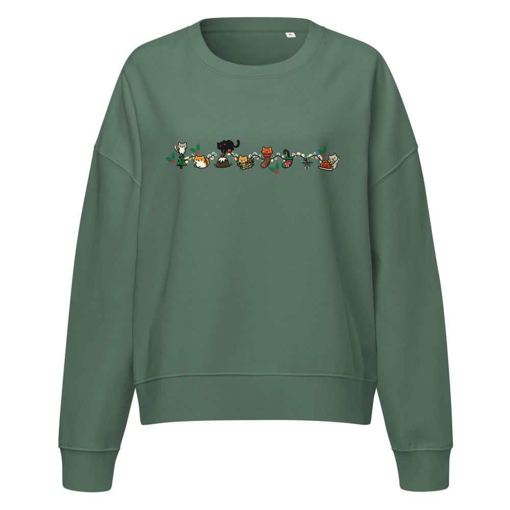 Cozy Catty Christmas women's organic sweatshirt in Green Bay, front view